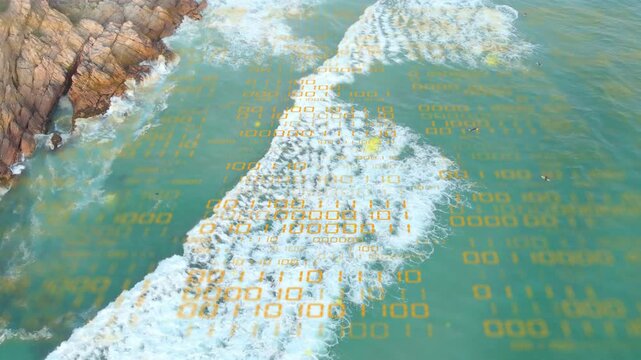 Aerial drone tracking starting, breaking wave moving down while binary overlay showing coastal data