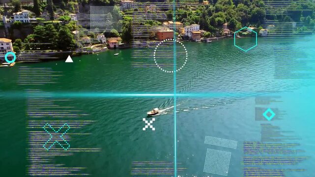 Engine engaging boat moving right across lake leaving wake while HUD graphics sliding for mapping