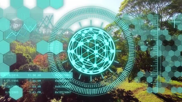 Hex grid activating, sphere forming and rotating, rings scanning, panels scrolling for canopy scan