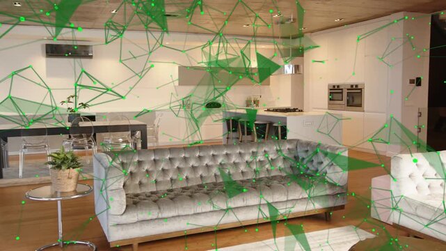 Viewpoint shifting left, green mesh drifting away, revealing tufted grey sofa and kitchen