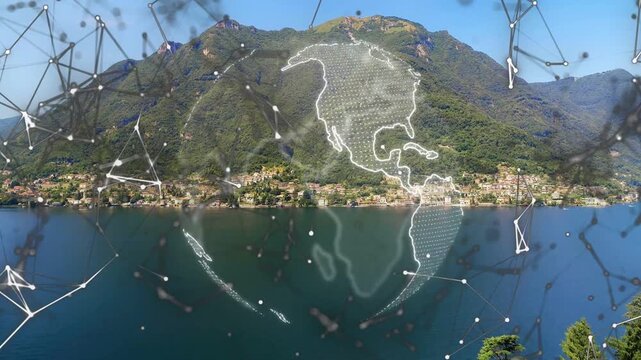 Particles gathering, wireframe globe appearing over lake, rotating and moving nodes, showing links