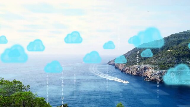 On start white boat leaving wake, blue cloud icons appearing with binary streams, showing network