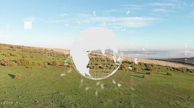 Camera looking down causing globe HUD appearing, camera flying right, globe rotating, showing shore