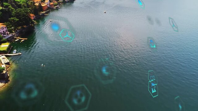 Camera moving forward and right AR hex icons drifting, enlarging, fading across lake showing data