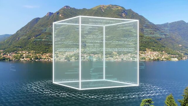 Lake ripples sparking wireframe cube rising over lake rotating and casting code glow showing data