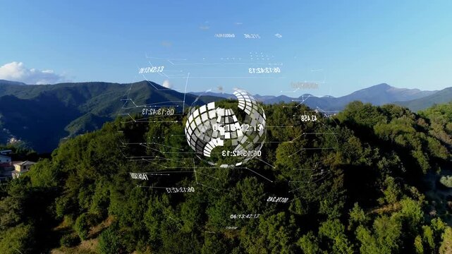 Holographic sphere assembling over canopy after shot start, tiles rotating updating forest data