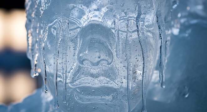 Close-up of a human face sculpted from ice, with water droplets and icicles. The detail and clarity of the frozen form is remarkable