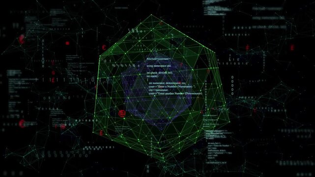 On start green polyhedron and purple core rotating, pulsing while code scrolling showing live data