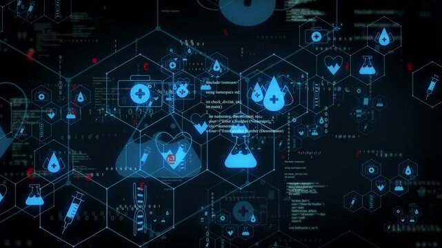 Camera pulling back, revealing glowing cyan medical hex cluster expanding into layered code network