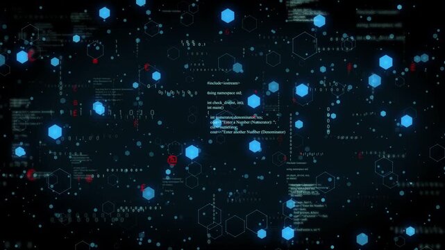 Incoming data driving blue hex field pulsing, drifting while code column anchoring, showing flow