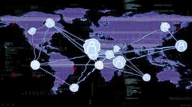 On load global network visual animating over purple map, avatars pulsing linking for monitoring