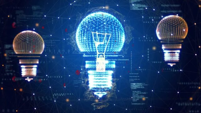 Central hologram bulb brightening on data spike, rings rising, code scrolling, showing data surge