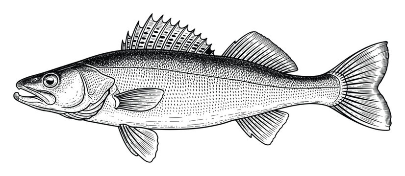 Detailed black and white walleye fish swimming for aquatic life or fishing sport design