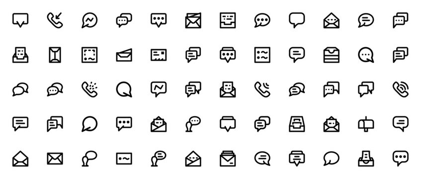 Dialogue icon set. Minimal vector icons pack. Featuring chat, mail, inbox, phone call, stamp, dossier, mailbox and more. Editable thin line web icons.