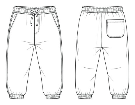Kids jogger pants technical flat outline sketch with elastic waist and ribbed cuffs