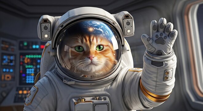 An adorable ginger tabby cat, sporting a space helmet with Earth's reflection, waves from inside a spacecraft. It's a surreal, whimsical depiction of feline exploration