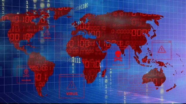 Pulsing virus icons starting falling binary streams over red world map, signaling global threat