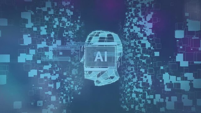 Data pulse starting cyan 3D head tilting rotating AI panel sliding tiles pulsing showing data flow