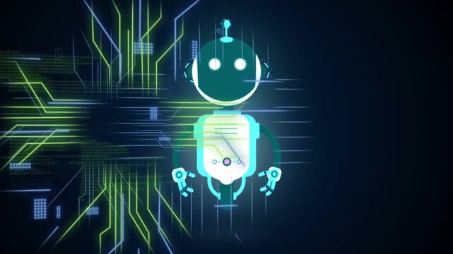Neon circuit moving from left crossing robot pixels drifting code scrolling activating processing