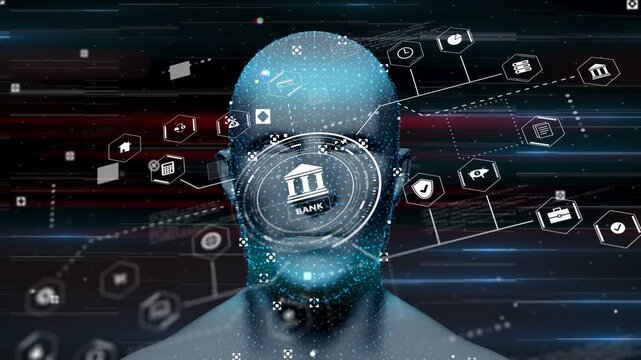 Bank HUD appearing, particle head forming while hex icons orbiting, visualizing biometric finance