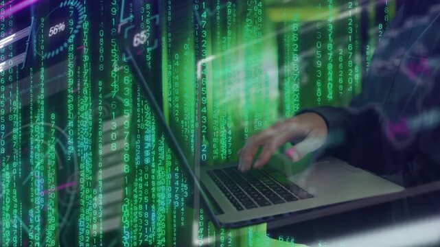 Right hand hovering then pressing keys, laptop opening while green code streaming for monitoring