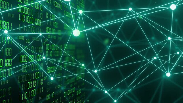 Network mesh drifting as camera pan-zoom, nodes pulsing into main node, left binary showing data