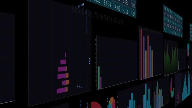 Camera initiating gliding right revealing chart wall, neon connectors linking panels to show trends