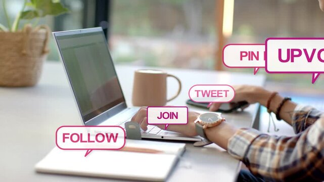 Man typing laptop, pink callouts appearing, leading him to pick phone, handling social media