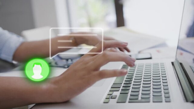 Woman typing laptop, chat bubble and green icon appearing, tapping phone, reading texts for work