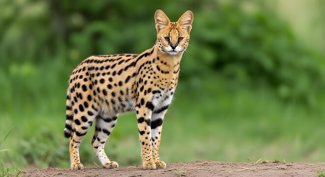 A majestic serval cat with striking spotted fur stands confidently on a dirt mound in a vibrant green natural habitat