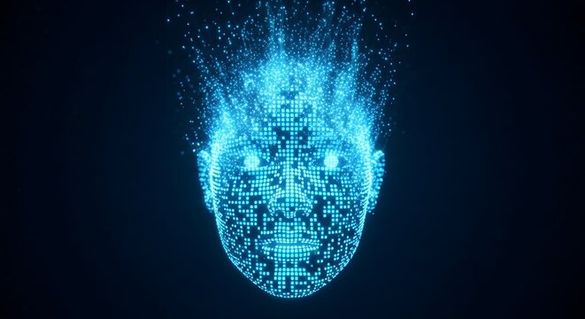 A mesmerizing digital human face formed by numerous glowing blue light particles against a dark background