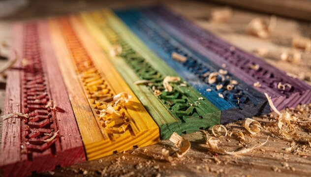 Vibrant colored wooden slats grooved and shaped for pencil cores emphasizing the bright hues and intricate routing on a workbench.