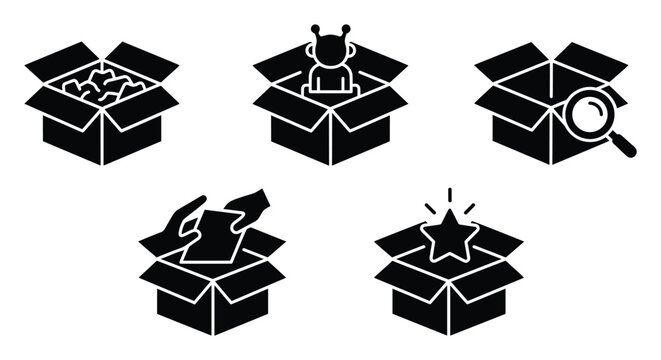 Versatile box icon set for unboxing, search, voting, quality, and delivery service applications