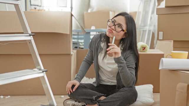 Woman surrounded by moving boxes holding pen to lips in building, sitting crosslegged on floor among cartons and ladder; pensive planning.