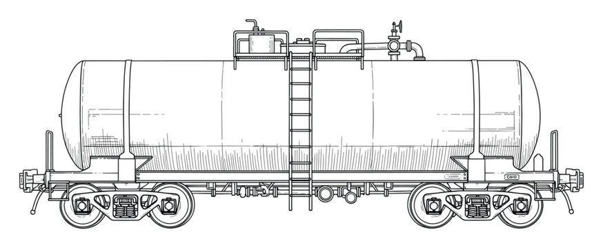 Outline illustration of a railway tank car used for bulk liquid transport in freight.