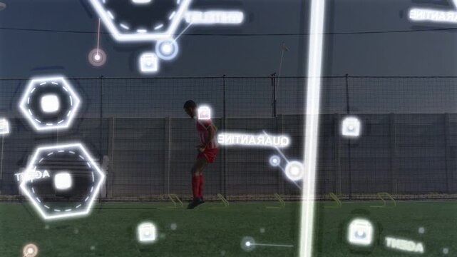 Male player pushing off turf doing lateral jumping drill while hex HUD tracking data for training