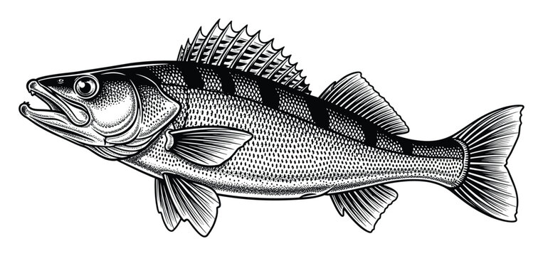 Detailed freshwater walleye predator fish monochrome artwork ideal for fishery and angling themes