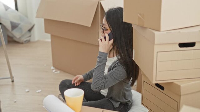 Woman sits on floor amid cardboard moving boxes and holds smartphone to ear while organizing items in a building; moving planning stress.