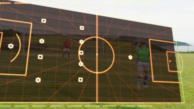 Soccer players running set piece, kicker striking ball while HUD tracing path and teammates joining