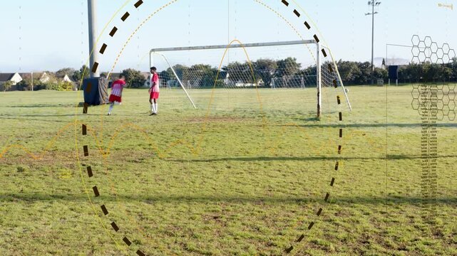 Right flank player controlling ball and dribbling to goal, team moving while HUD tracking for drill