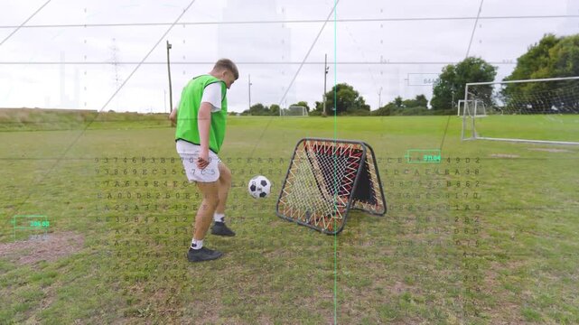 Teenage boy retrieving ball from rebound net and practicing short touches for soccer training
