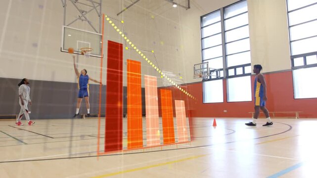 Team doing court drill catching pass shooting jumpshot rebound pulsing bars dotted arc guiding ball