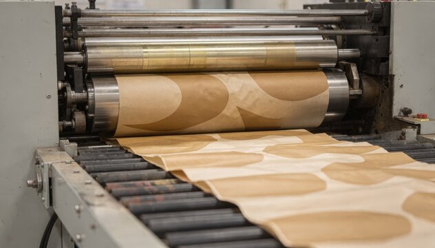 Medium shot of a flexo press printing singlecolor custom bakery bags showcasing precise ink application on lightweight paper bags for small batch branding.