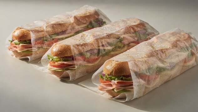 Medium shot of deliwrapped sandwiches using transparent biobased barrier paper highlighting its grease resistance and ecofriendly packaging qualities.