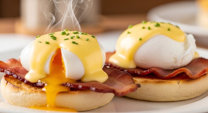Delicious classic eggs benedict with crispy bacon and rich hollandaise sauce on a plate