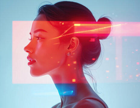 Woman profile face with red light overlay. Abstract digital art, concept of AI identity and virtual reality. Futuristic human interface connection.
