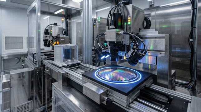 Medium shot of an AIpowered inspection station scanning semiconductor wafers for microscopic defects with advanced vision algorithms in a clean industrial environment.