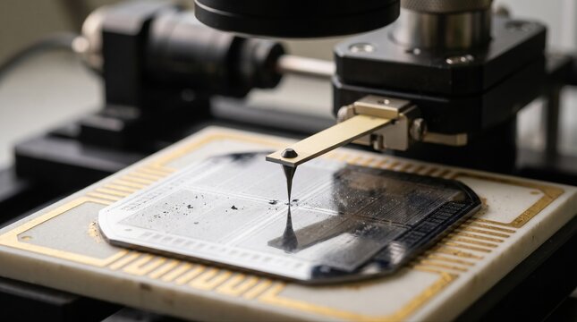 Closeup of an atomic force microscope AFM probe delicately measuring nanometerscale surface defects on a silicon wafer highlighting precision metrology techniques.