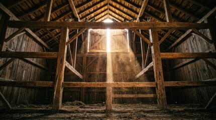 Naklejka premium Wooden Structure Illuminated by Sunlight in an Old Barn.