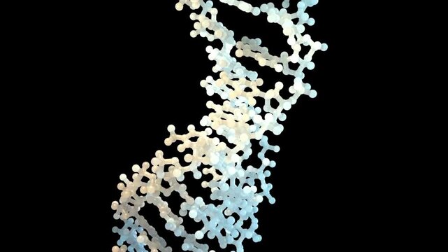 Close-up animation of a rotating DNA double helix with glowing molecular details, futuristic genetics visualization, and biotechnology research concept.